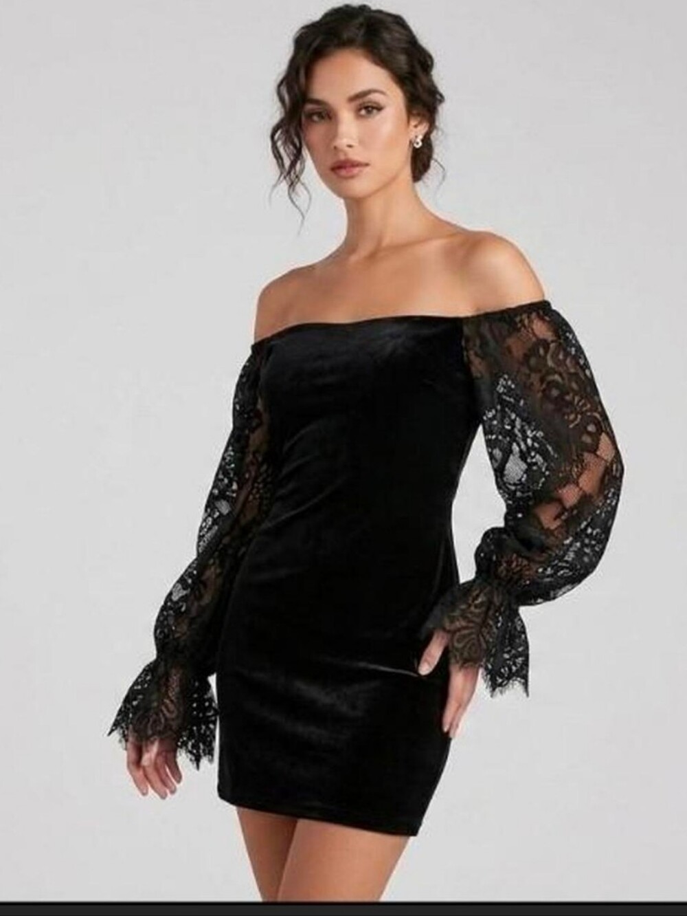 White House Black Market Off-Shoulder Black Velvet Mini Dress with Lace Sleeves